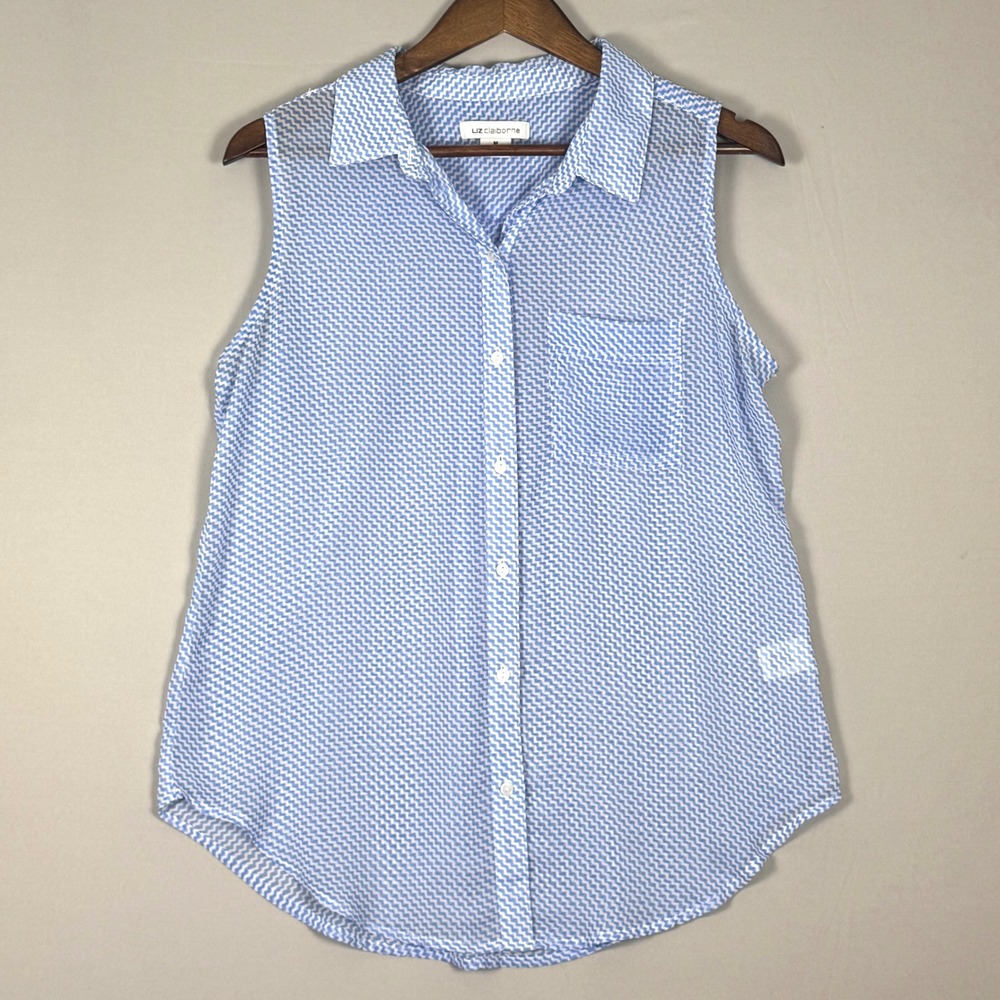 Liz Claiborne Sleeveless Button Down Women M Blue Chevron NWOT Zigzag Shirt